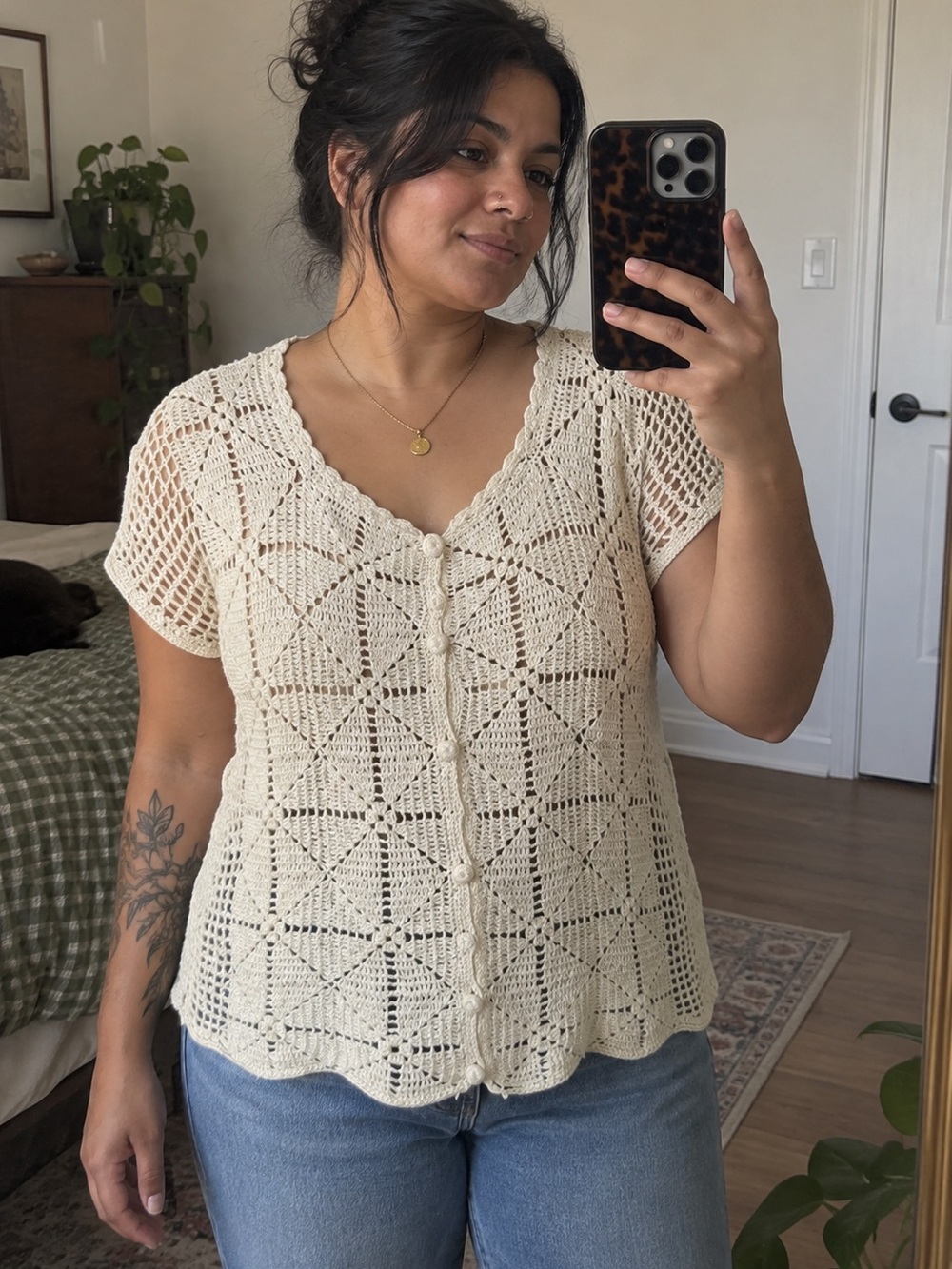 Vintage Cream Crochet Button Front Cardigan Top Estimated L